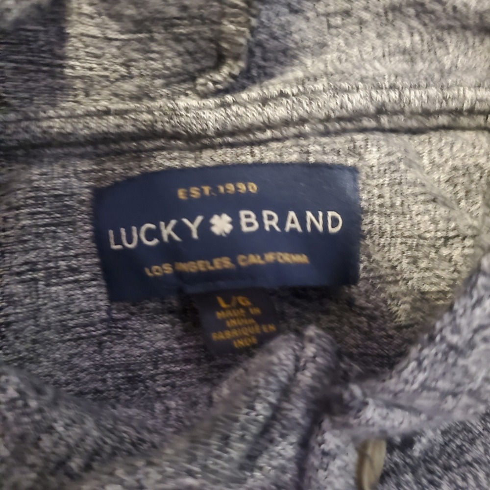 Lucky Brand Mens Large Henley Hoodie Heather Gray Marled Knit Pullover Sweater L - Picture 2 of 8